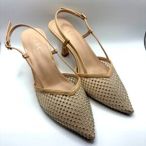 Nicole Miller New York‎ Women's Rhinestone Mesh Slingback Heels Nude Sz 9